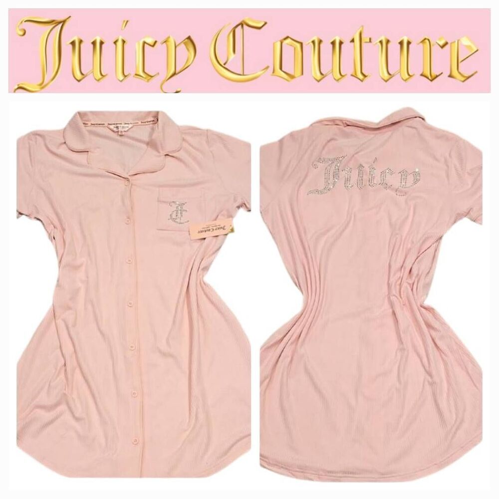 Juicy Couture Rhinestone Logo S/S Button Down Night Shirt- Lola Pink